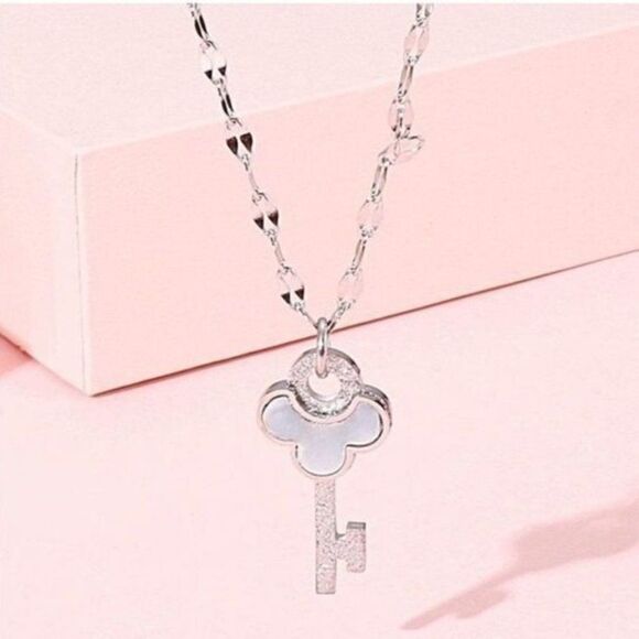 Silver and Mother of Pearl Mickey Mouse Key Adjustable Pendant Necklace - Picture 3 of 6